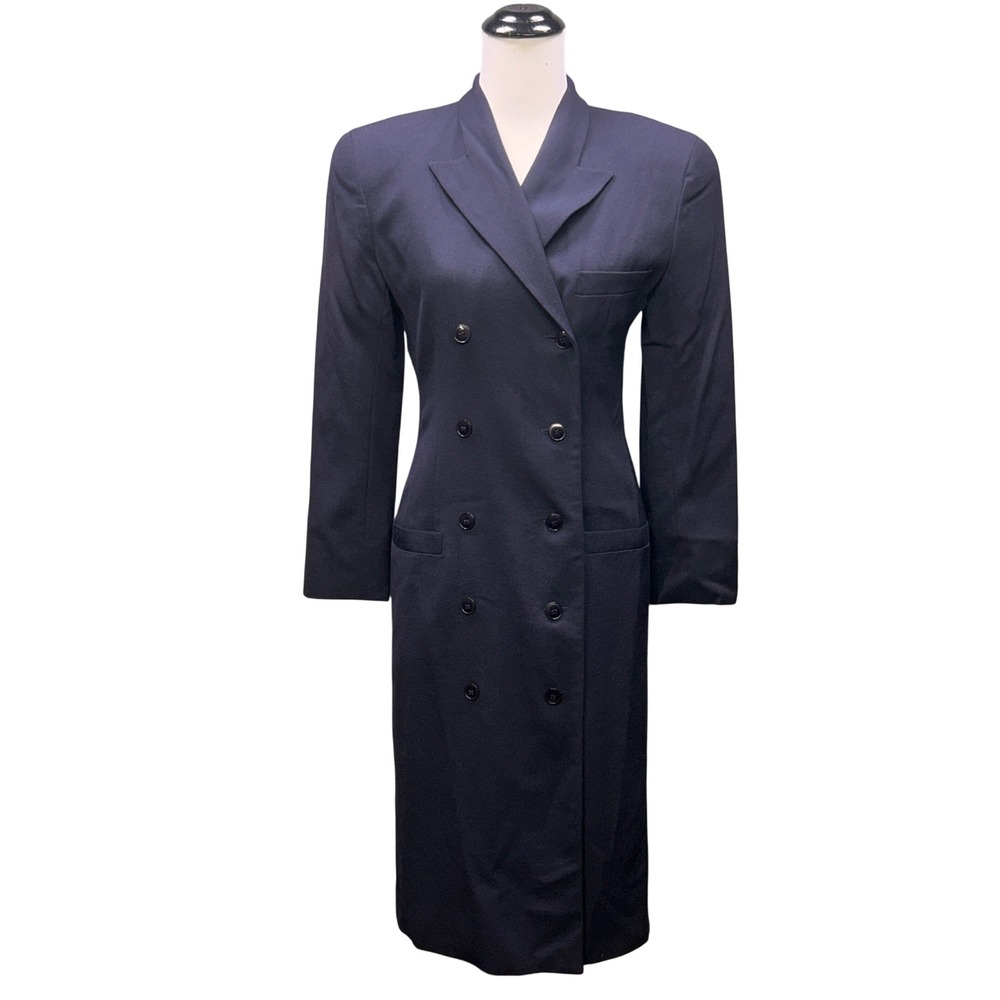 VTG Jones New York Coat Dress Women 6 Navy Blue Wool Double Breasted Long Jacket